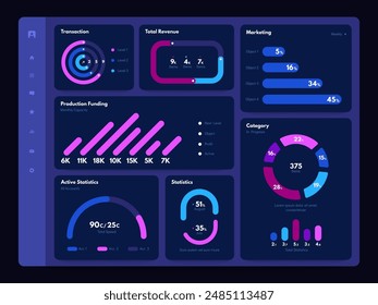 Dashboard dark theme. Web site dashboard admin panel with dark graphs charts diagrams and statistics infographic elements dashboards. Vector web application user interface dark theme.