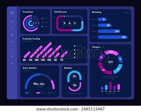 Dashboard dark theme. Web site dashboard admin panel with dark graphs charts diagrams and statistics infographic elements dashboards. Vector web application user interface dark theme.