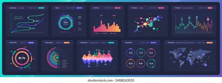 Gráficos de datos, infografías, gráficos y diagramas de información de paneles. Gráficos de presentación empresarial, rendimiento financiero y análisis de mercado infográficos vectoriales con mapas, gráficos y diagramas mundiales