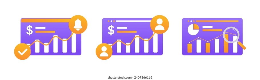 dashboard, data graphic and chart icon concept. business and investation analytics icon concept. Admin statistical software, web interface vector template. 