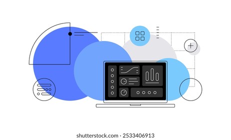 Tablero y ciencia de datos. Anuncio de Web, diapositiva de presentación, ilustración plana. Archivo de Vector.