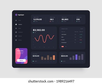 Dashboard Design. App interface with UI and UX elements. Use design for web application, desktop app or website. Dark mode.