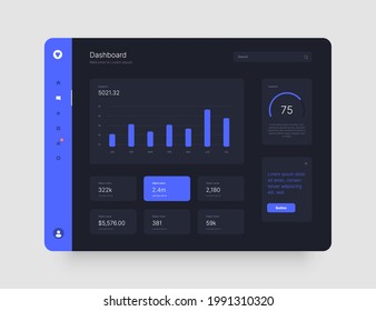 Dashboard Design. App interface with UI and UX elements. Use design for web application, desktop app or website. Dark mode.