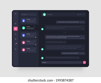 Dashboard Design with chat, social media, online messenger kit. App interface with UI and UX elements. Use design for web application, desktop app or website. Dark mode.