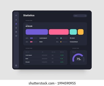 Dashboard design in dark colors. App interface with UI and UX elements. Use design for web application, desktop app or website.