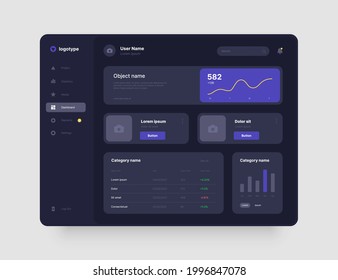 Dashboard design in dark colors. App interface with UI and UX elements. Use design for web application, desktop or mobile app.