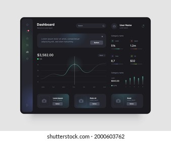 Dashboard Design In Dark Colors. App Interface With UI And UX Elements. Use Design For Web Application, Desktop Or Mobile App.