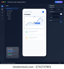 Dashboard design features a portfolio section with a chart display. This vector illustration is suitable for app design projects and user interface presentations.
