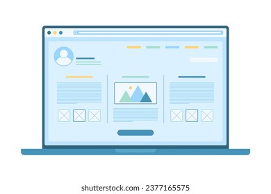 Dashboard design, mobile wireframe development vector illustration. Cartoon isolated responsive website prototype on laptop desktop, programming interface with layout of images and digital content