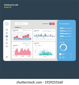 Dashboard design theme. Power bi template. Graphs, tables and charts. EPS10