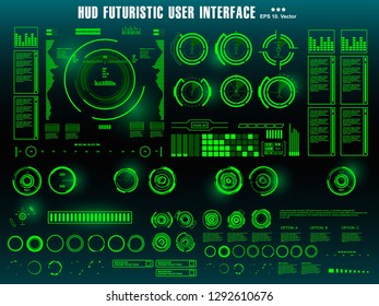 Dashboard display virtual reality technology screen. HUD futuristic green user interface, target