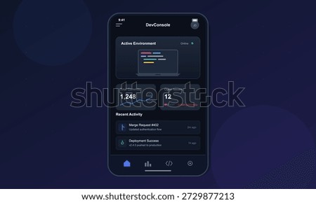 A dashboard displays data about active environment with total commits, open issues, and recent activity shown on a mobile screen in a dark setting.