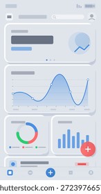 O dashboard exibe gráficos com linhas azuis e pontos de dados coloridos. Inclui representações visuais de tendências de dados úteis para análise de negócios.