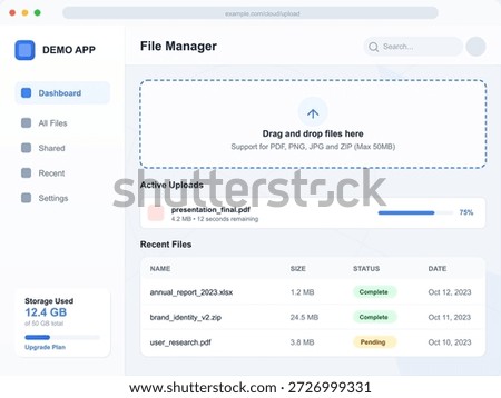 The dashboard displays recent file uploads with progress indicators and storage usage for a cloud application. Users can easily manage their files with drag and drop support.