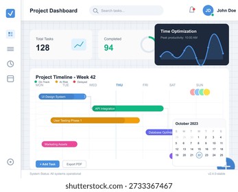 Dashboard displays task management information, including completed tasks, project timeline, and calendar details for optimal workflow organization and tracking.