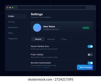 Das Dashboard zeigt Benutzerkontoeinstellungen mit Optionen für Datenschutz, Sicherheit und Synchronisierung der Benutzeroberfläche an. Zu den Funktionen gehören biometrische Authentifizierung und Sichtbarkeitskontrollen.