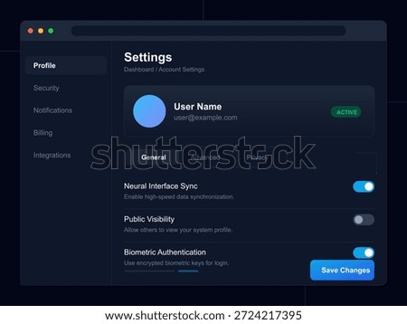 The dashboard displays user account settings with options for privacy, security, and interface synchronization. Features include biometric authentication and visibility controls.