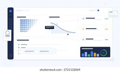 A dashboard displays various charts and graphs used for data analysis. Users can track performance metrics and visualize trends through interactive elements.