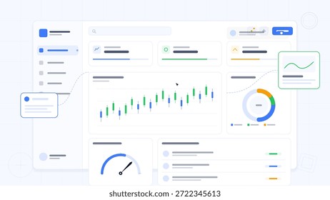 Um painel de controle exibe vários gráficos e indicadores usados para análise de dados em um aplicativo da Web. A interface inclui gráficos e barras de andamento que controlam métricas e informações.