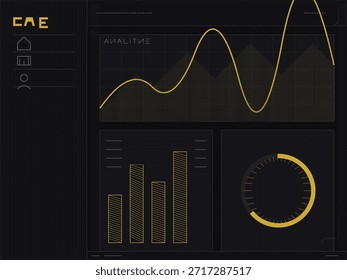 Un panel muestra varias métricas de datos y tendencias sobre un fondo oscuro. Incluye gráficos de líneas, gráficos de barras y un indicador circular que indica diferentes valores.