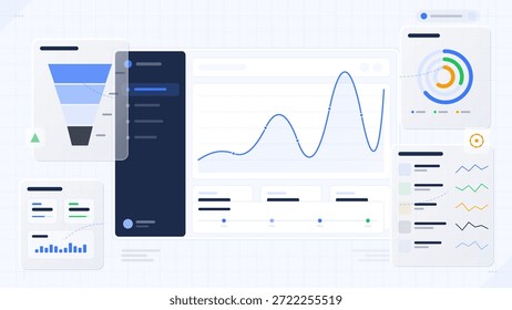 A dashboard displays various graphs and charts showing data trends. Metrics focus on user engagement over time. Visuals include colorful representations of statistics and progress.