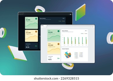 Dashboard with  financial charts. Dark and light theme