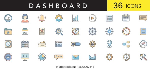 Dashboard Flat Color Icon Set – Minimal Vector Icons of Analytics, Controls, and User Interface for Web and App Design