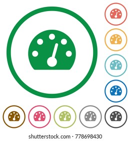 Dashboard flat color icons in round outlines on white background