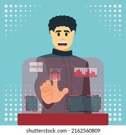 Dashboard of the future reads the fingerprint of a person from cyberpunk and the metaverse. Holographic panel shows heart rate, pulse, parameters, information and data of a person by fingerprint.