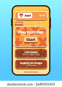 Dashboard of game options play number buttons mobile apps smartphone application user interface for children colorful design UI 