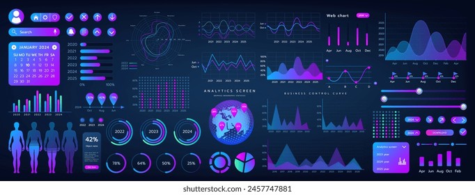 Dashboard graph. Data UI. Graphic infographic statistic. Financial analysis. Web diagram. Digital screen. Cyber panel application. Business control. Calendar planning. Vector indicator elements set