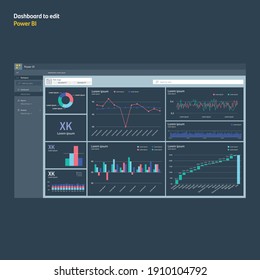 
Dashboard with graphs and charts. Power bi analysis. Report to edit. EPS10