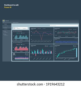 Dashboard with graphs and diagrams. Dark mode. Power bi analysis. Report to edit. EPS10