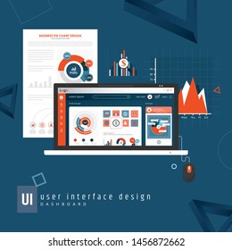 Dashboard, great design for any site purposes. Business info graphic template. Vector flat illustration. Big data concept Dashboard user admin panel template design. Analytics admin dashboard. Blue.
