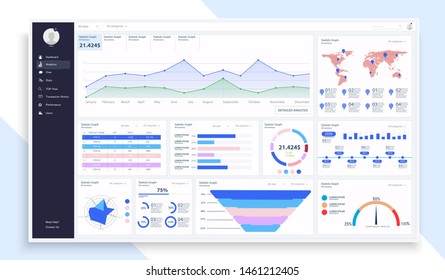 Dashboard, great design for any site purposes. Business infographic template. Vector flat illustration. Big data concept Dashboard user admin panel template design. Analytics admin dashboard. UI/UX