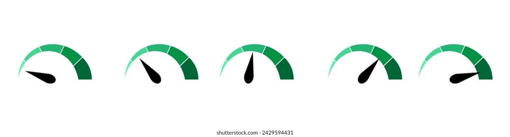 Dashboard green speedometer icons. Performance indicator sign. Evaluation of connection quality or speed. Stock Vector 