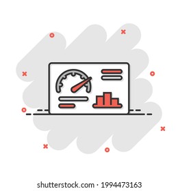 Dashboard icon in comic style. Finance analyzer cartoon vector illustration on white isolated background. Performance algorithm splash effect business concept.