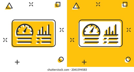 Dashboard icon in comic style. Finance analyzer cartoon vector illustration on white isolated background. Performance algorithm splash effect business concept.