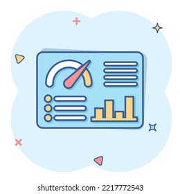 Dashboard icon in comic style. Finance analyzer cartoon vector illustration on white isolated background. Performance algorithm splash effect business concept.