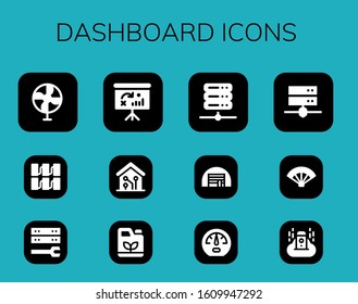 dashboard icon set. 12 filled dashboard icons. Included Fan, Server, Dashboard, Smart home, Gasoline, Storage icons