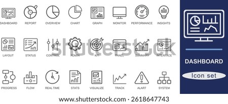 Dashboard icon set. Featuring report, graph, KPI, stats, chart, system, and monitoring visuals. Perfect for data analytics, admin panels, performance tracking, and UI dashboard designs.