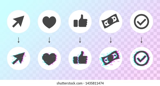 Dashboard icon set with Glitched version for hover animate actions. Business symbols theme vector. There are arrow, heart, love, like, dollar bill and check sign in collection.