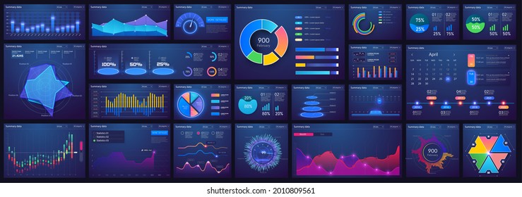 Dashboard infographic template with flat design charts, diagrams, bars steps, infographics, options, parts processes. UI, UX, collection. Blue Interface screen with infographic digital illustration