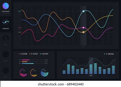 Dashboard infographic template with modern design annual statistics graphs. Pie charts, workflow, web design, UI elements. Vector EPS 10