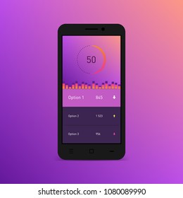 Plantilla de infografía de panel en la pantalla del smartphone. Mockup de degradado vectorial. Diseño web de interfaz de usuario moderno. Gráficos circulares, barras, gráfico de área