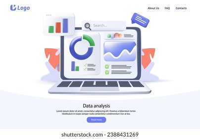 Dashboard and interact with graphs 3D illustration. Data analysis, and office situations. Landing page template. 3D Vector illustration