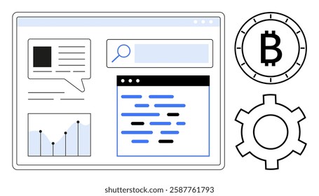 Dashboard interface with chat window, coding screen, search bar, financial graph, Bitcoin symbol, and gear icon. Ideal for cryptocurrency trading, data analysis, financial tools, fintech