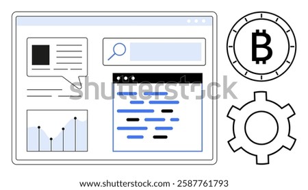 Dashboard interface with chat window, coding screen, search bar, financial graph, Bitcoin symbol, and gear icon. Ideal for cryptocurrency trading, data analysis, financial tools, fintech