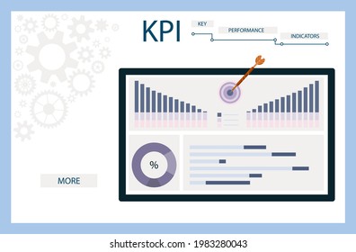 KPI de panel (indicador de rendimiento clave).Evaluación de la eficiencia de la dinámica del desarrollo de tareas de producción. Estadísticas con gráficos y gráficos. Análisis de negocio.Ilustración vectorial