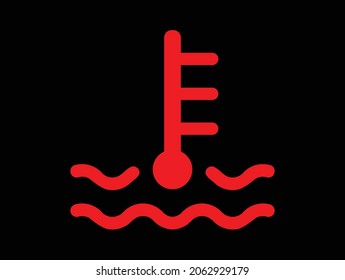 Dashboard large red water temperature warning light over a black background